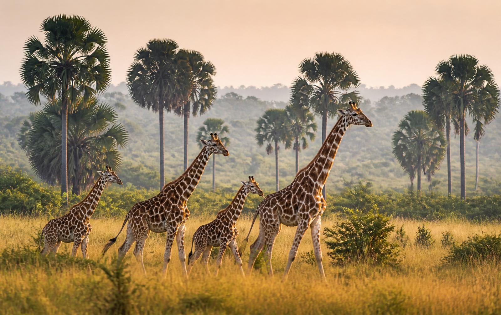 Rothschild's giraffes crossing golden savannah among borassus palms