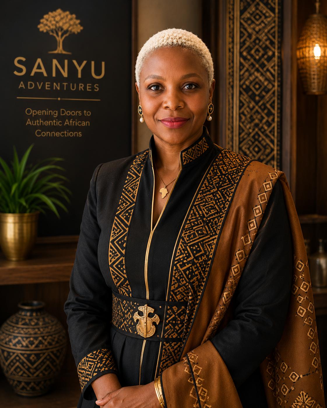 Ritah Lillian Nabukalu, founder of SANYU Adventures, in a black and gold African cultural outfit