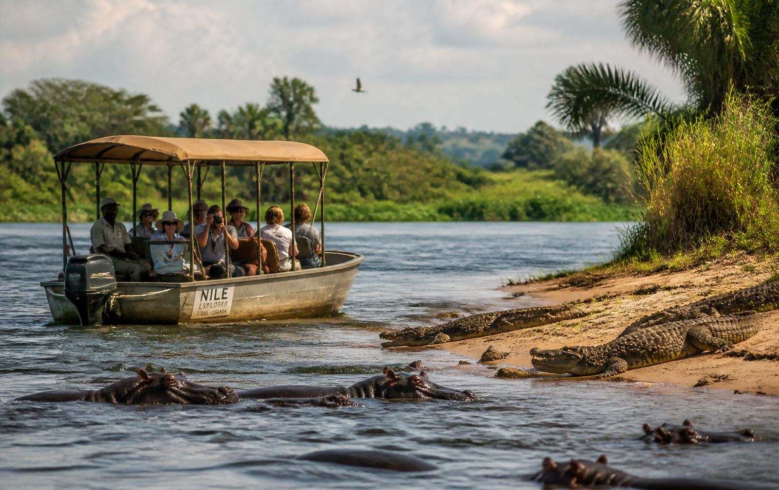 A safari boat cruising the River Nile past hippos and crocodiles