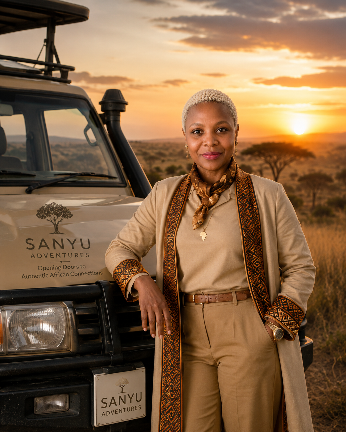 Founder Ritah beside the SANYU Adventures Land Cruiser at sunset on the East African savanna