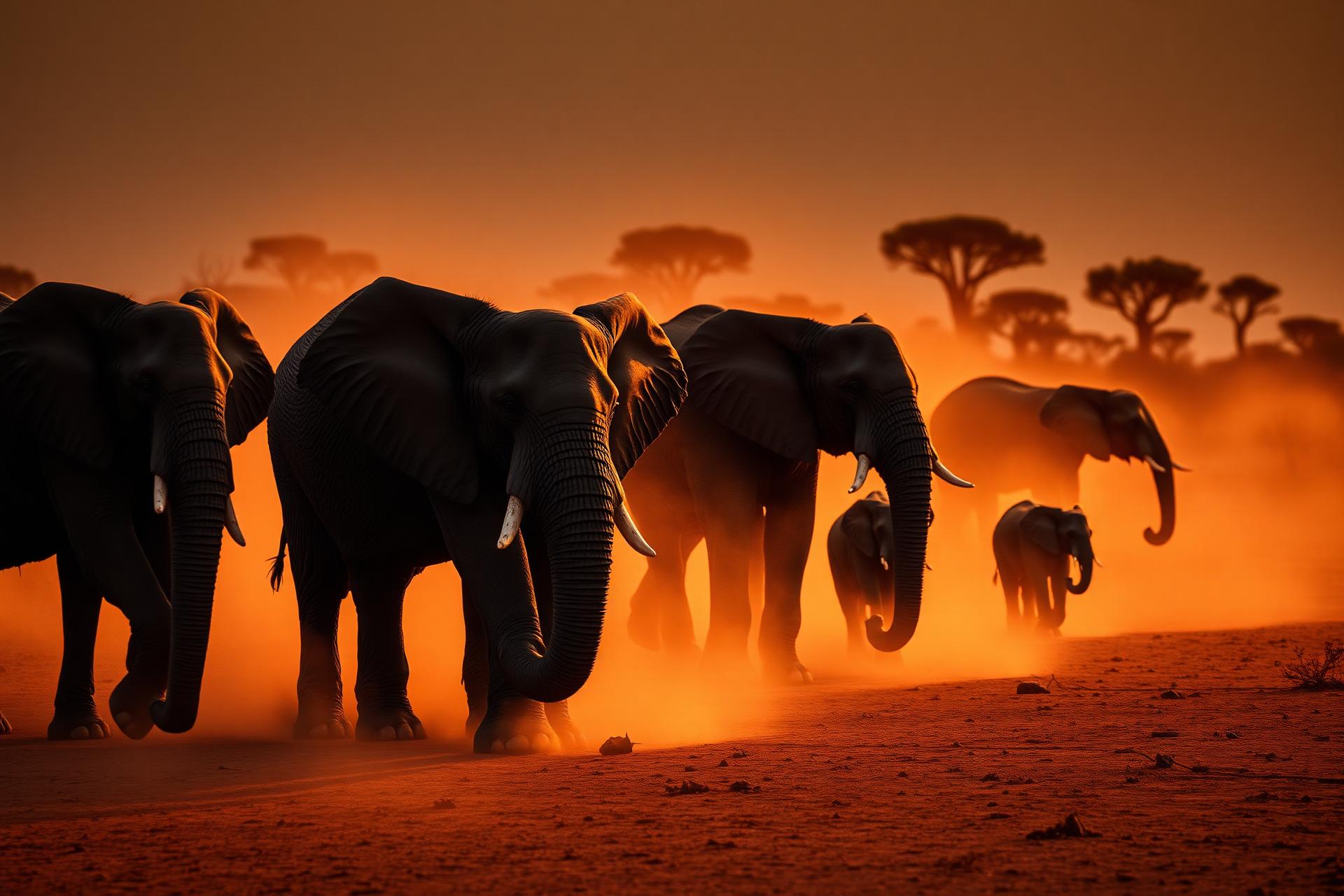 Herd of African elephants at golden hour