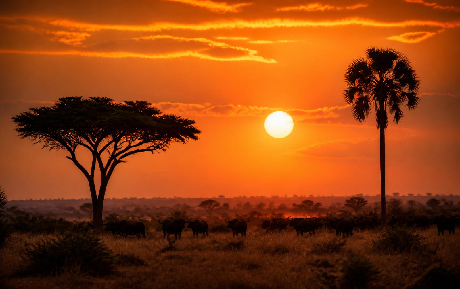 Buffalo silhouetted against a blazing savannah sunset