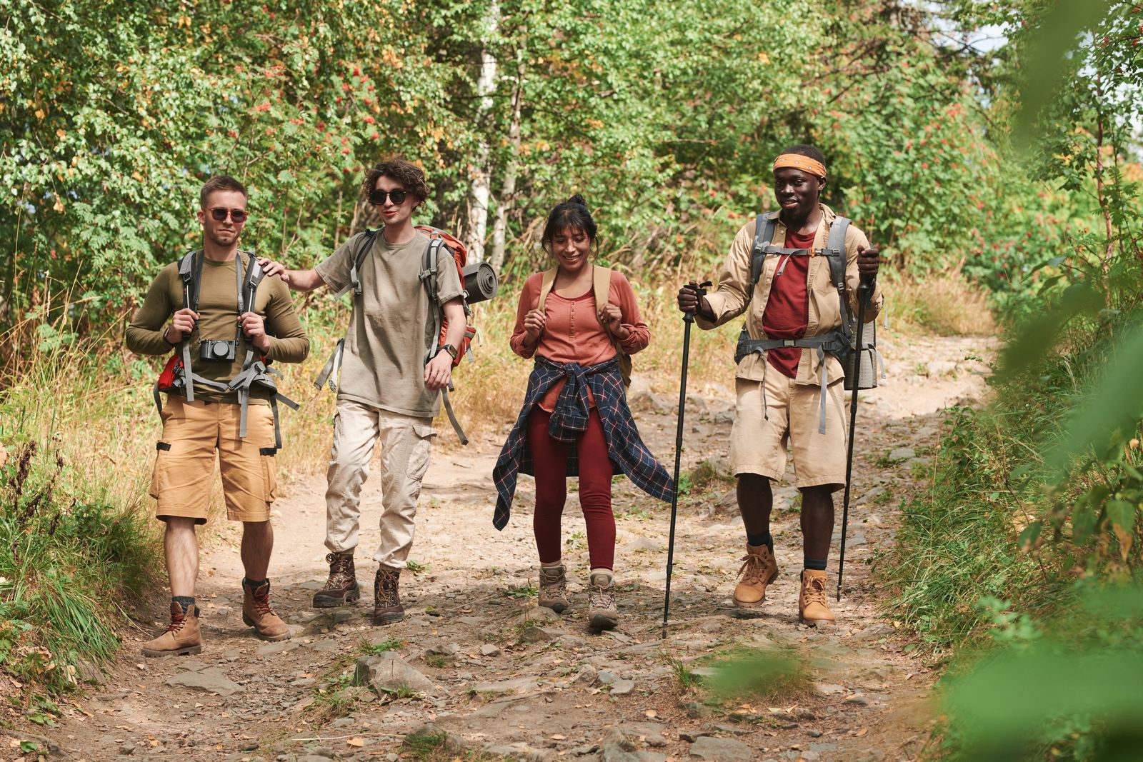Four travellers walking a forest trail with a SANYU guide