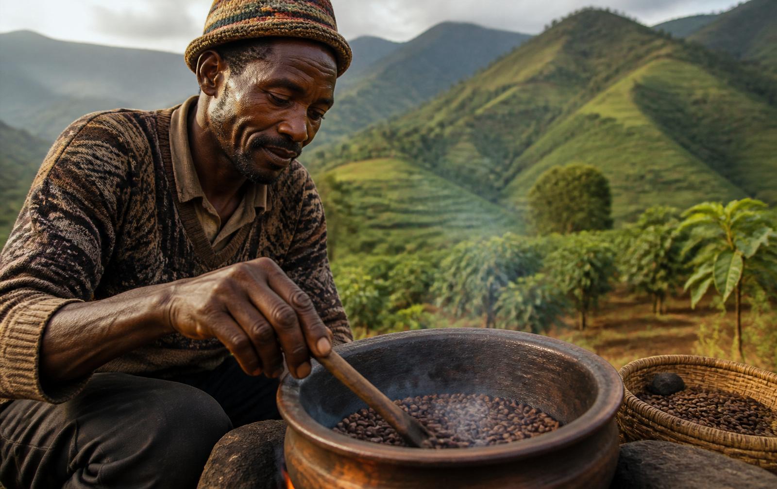A farmer roasting Arabica coffee beans over an open fire