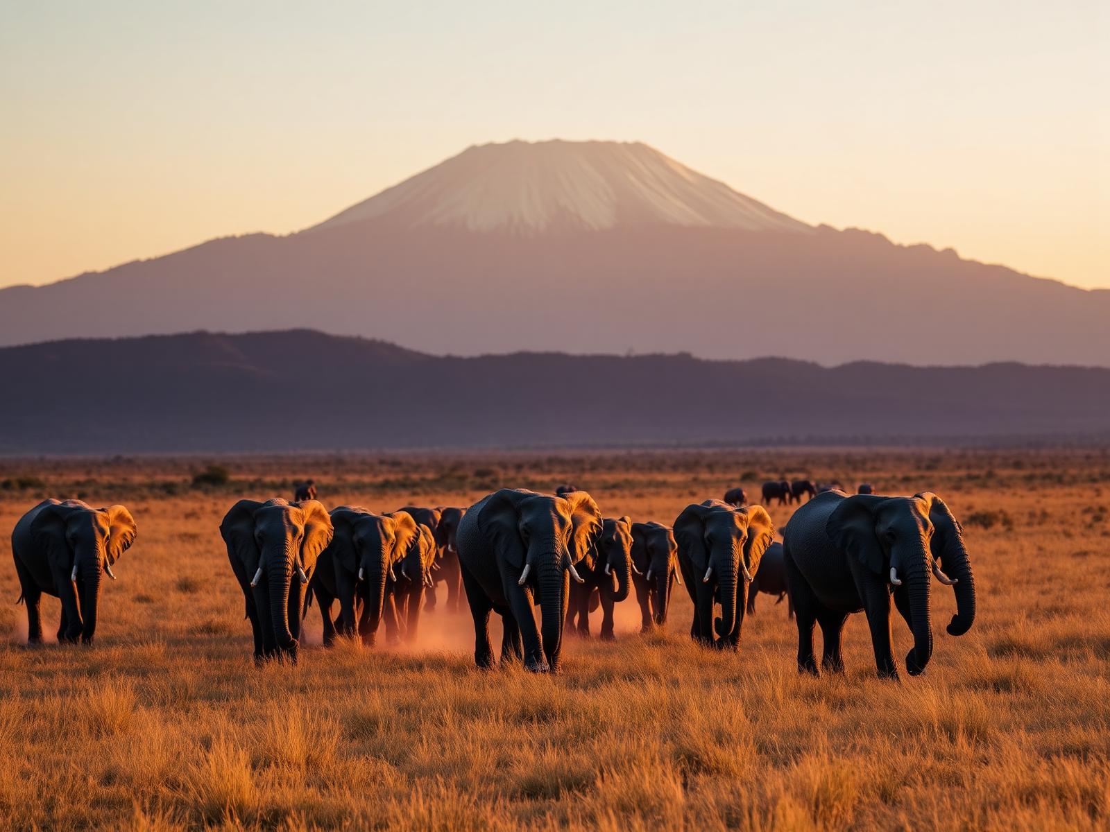 Elephants crossing the savannah at golden hour in Uganda