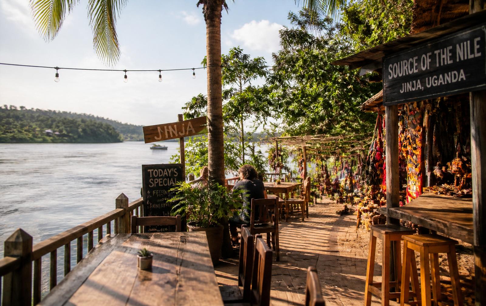A riverside cafe and craft stalls overlooking the Nile in Jinja