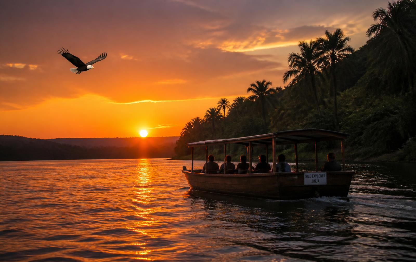 A boat cruising the River Nile at sunset near Jinja
