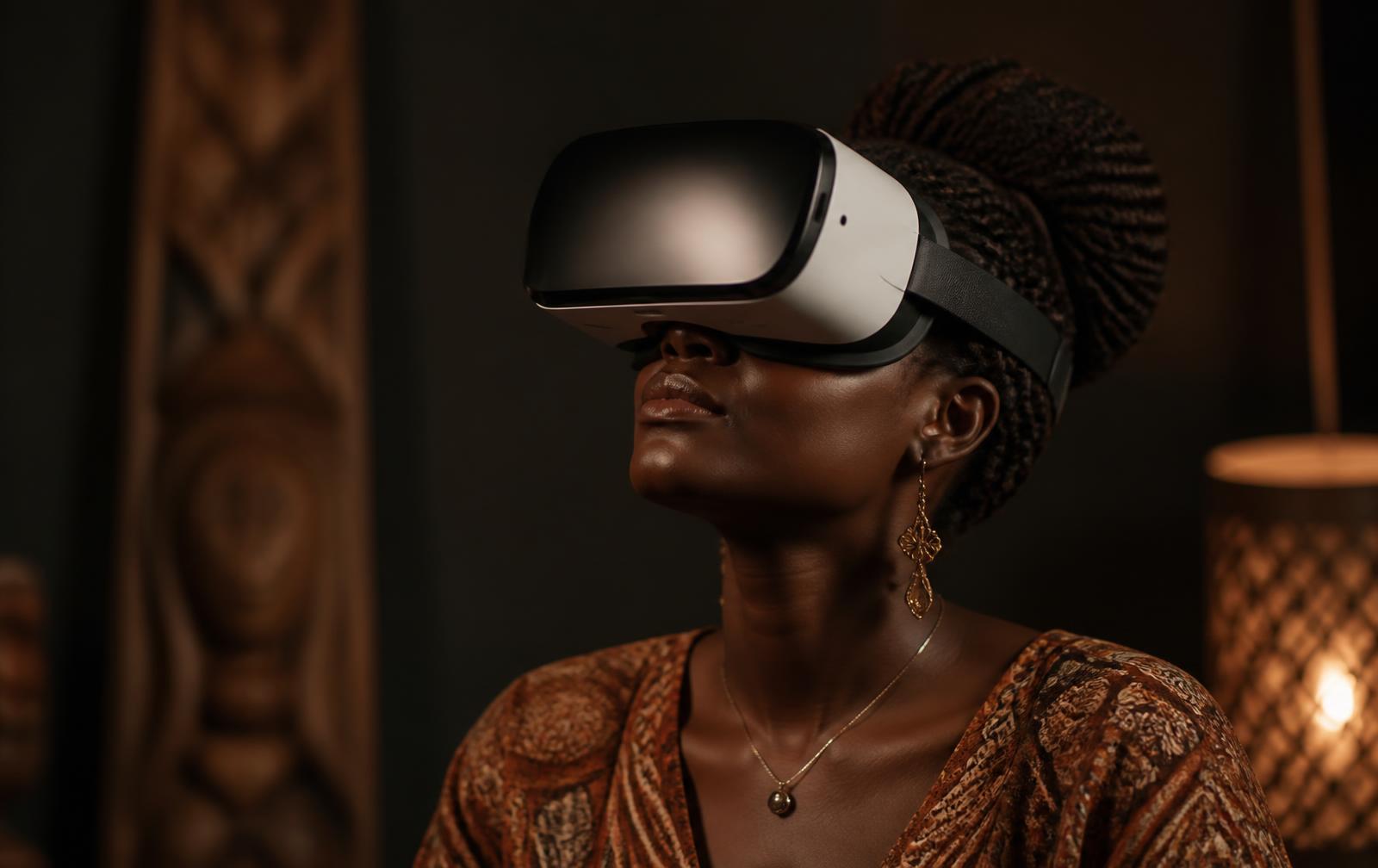 A Ugandan woman experiencing a 360° virtual reality journey through a headset